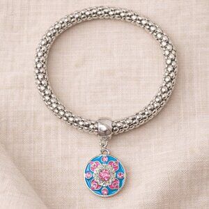 Silver Sparkle Stretch Snap Bracelet Pink Blue Flower Rhinestone Charm